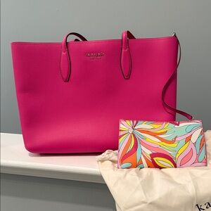 kate spade Hot Pink Leather Tote with Colorful Printed Wristlet